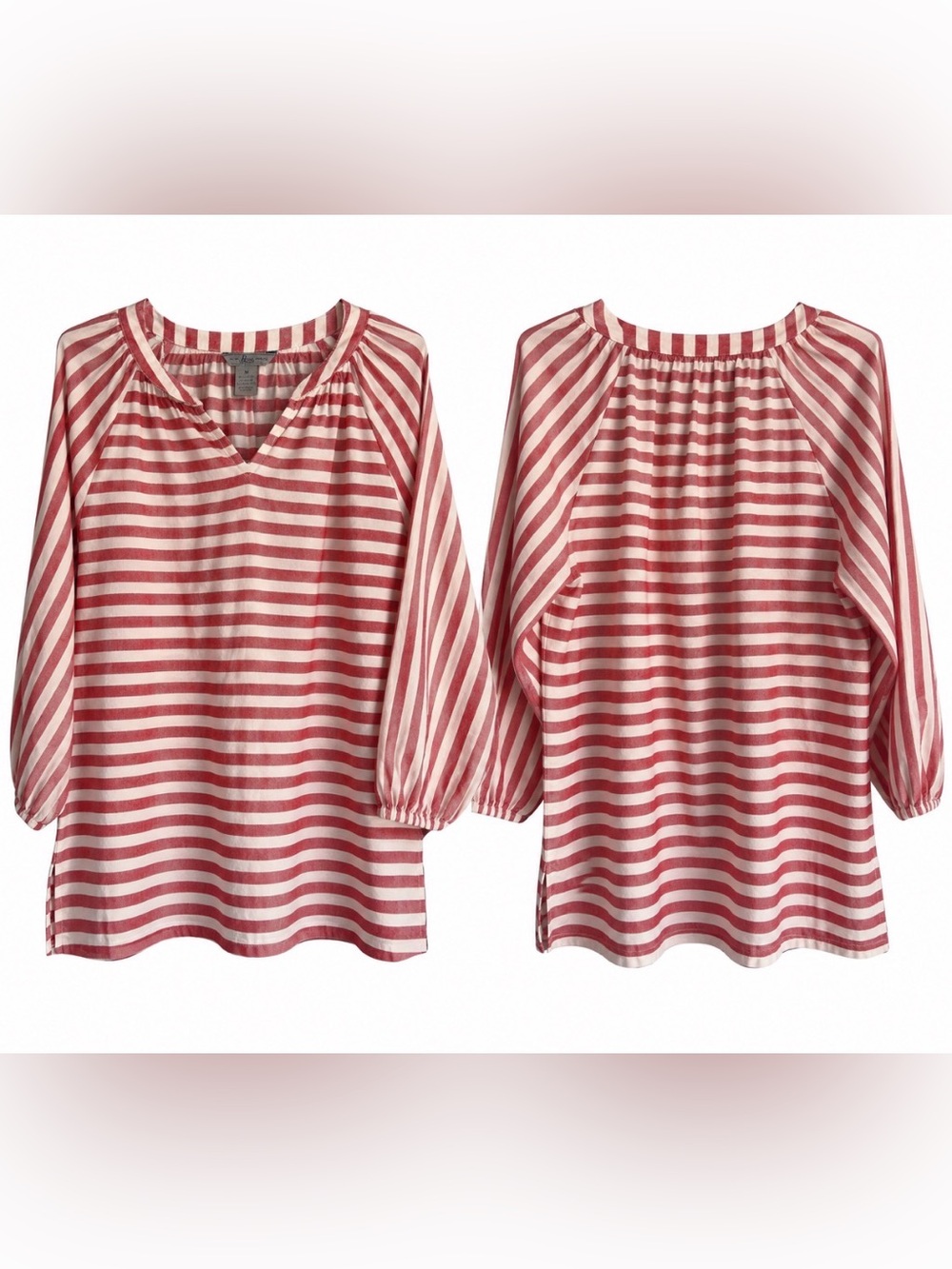 G.H. Bass Red White Striped Tunic Top Womens M Raglan 3/4 Sleeve Split V-Neck
